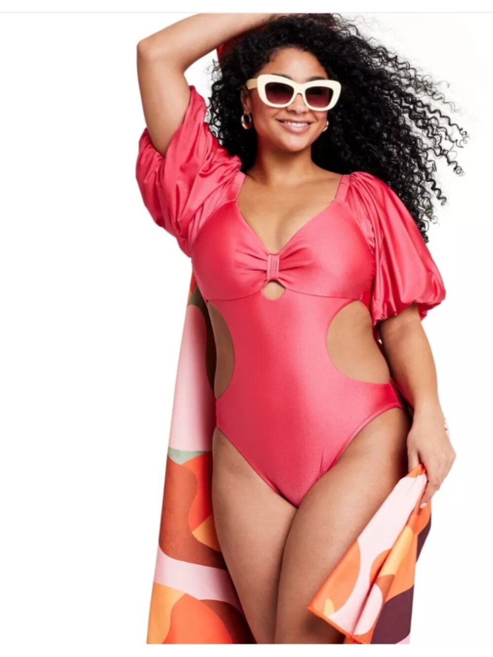 Metallic Puff Sleeve Cut Out One Piece Swimsuit